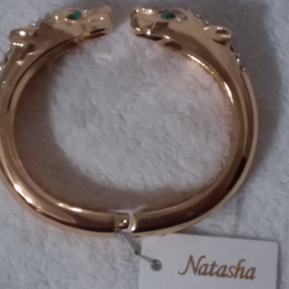 Leopard Heads Spring Back Bracelet Gold Tone Clear Rhinestones Natasha - Picture 4 of 9